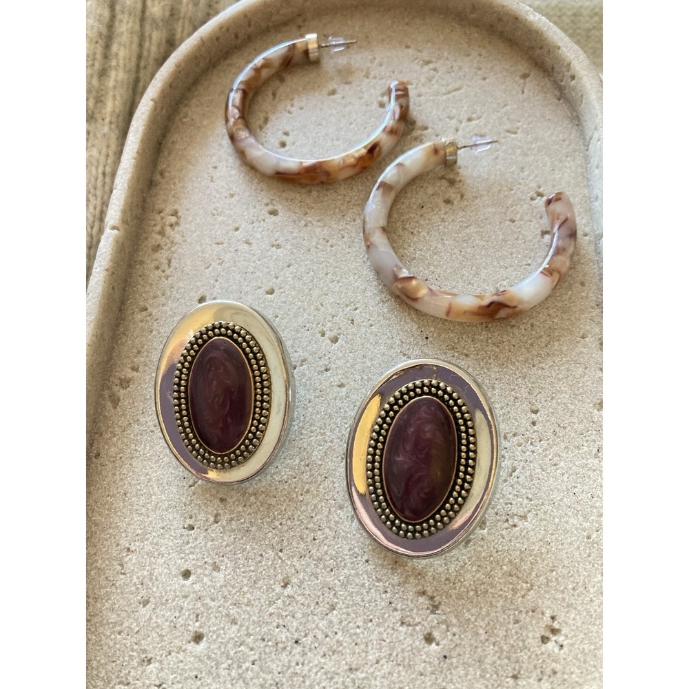 80's Style Earrings Set Of 2 Pair In Earthy Brown Tones Whimsical Boho‎